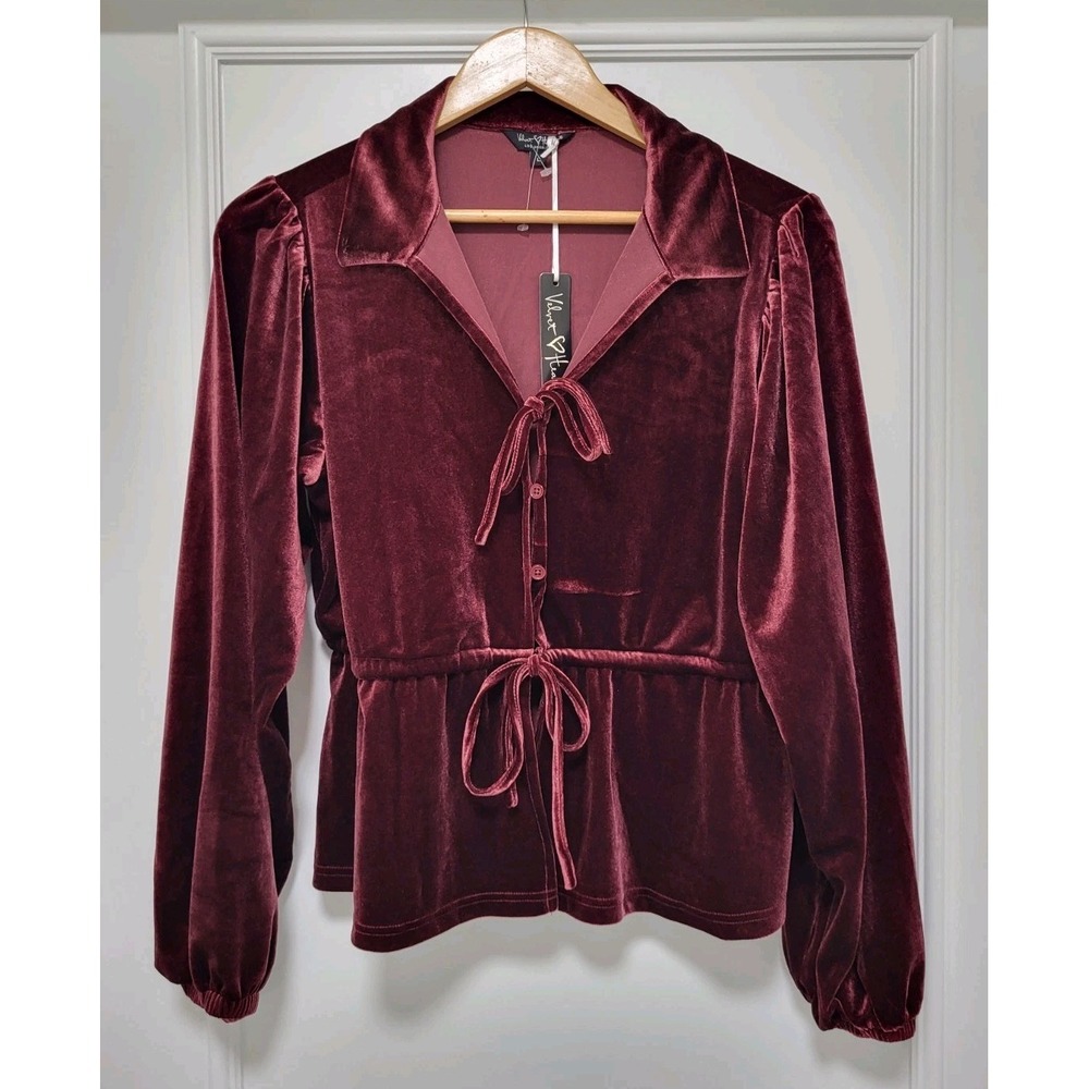 New Burgundy Velvet Whimsigoth Fairygrunge Button Tie Bow Peplum Top Sz L - Picture 1 of 8